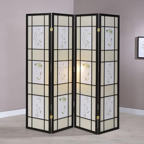 Solid Wood 4-Panel Folding Shoji Screen Room Divider with Beige Fabric Panels D9467