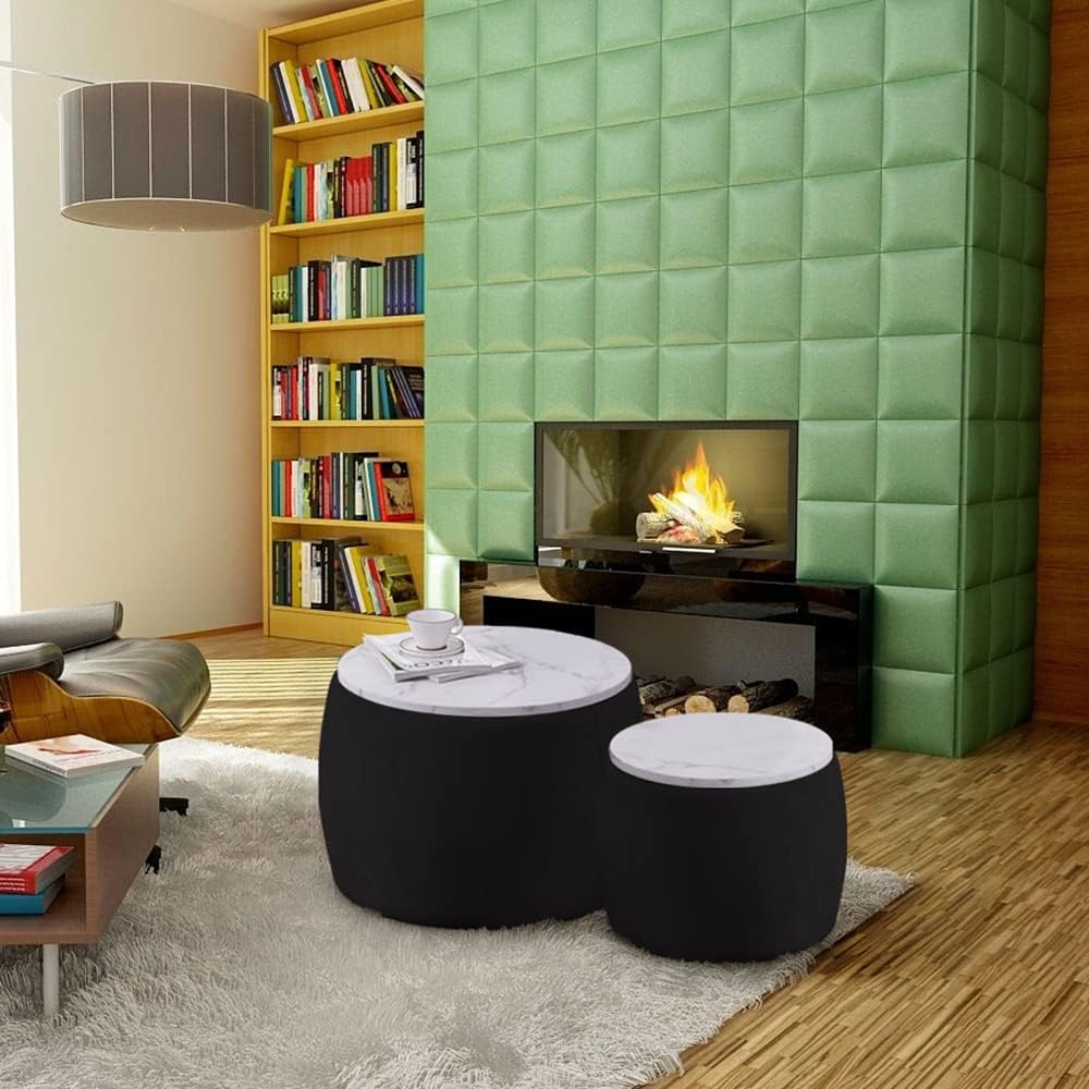 Black Round Coffee Table Set of 2 Nesting Storage Ottoman Velvet Fabric W473541