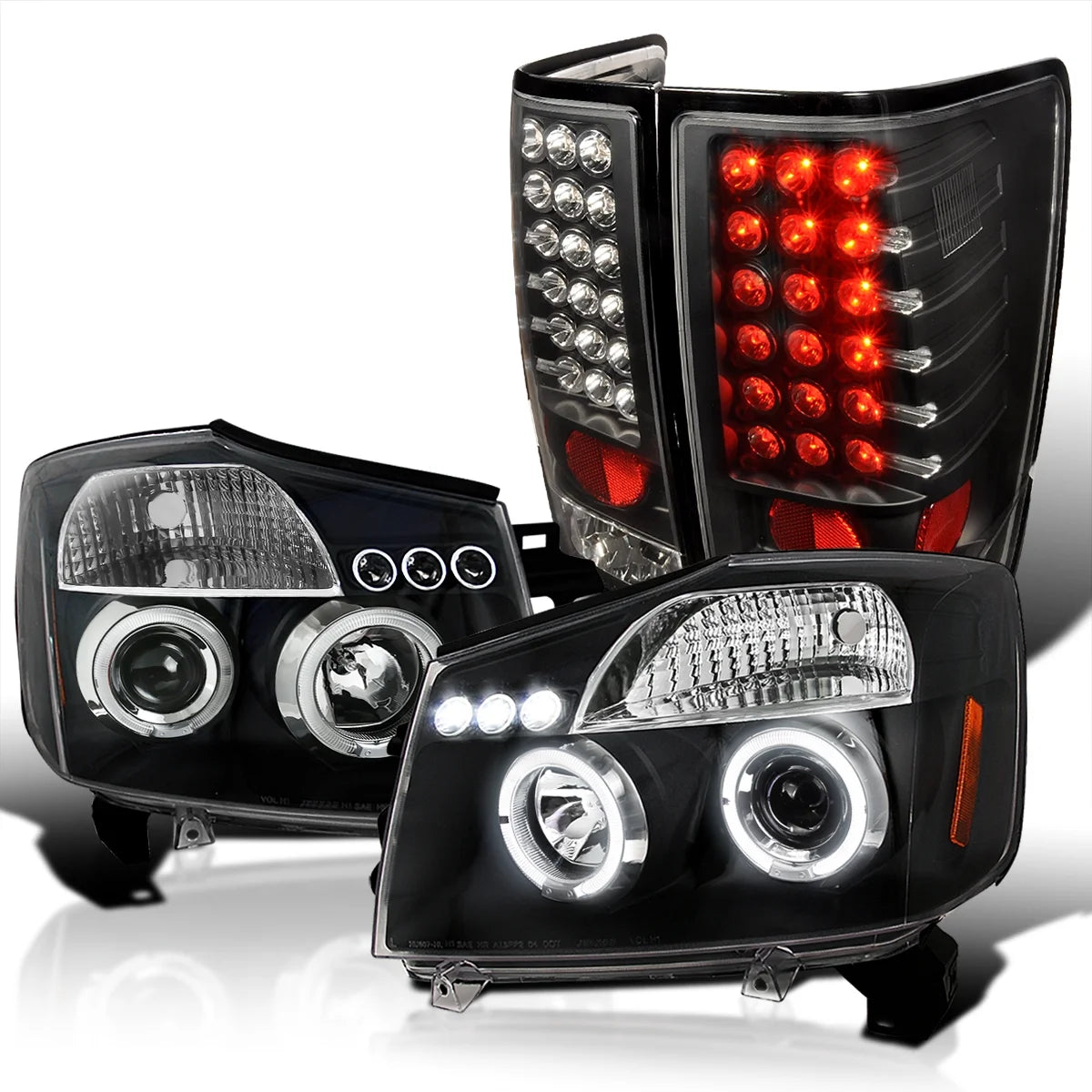 Black Halo Projector Headlights and LED Tail Lamps Combo for Nissan Titan H944