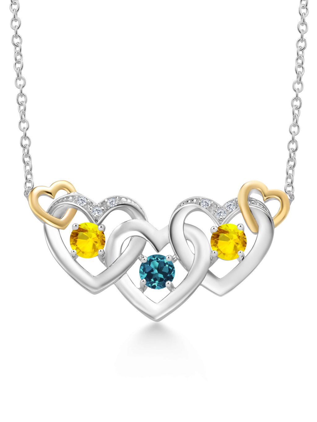 925 Silver 10K Yellow Gold London Blue Topaz Yellow Sapphire White Lab Grown Diamond Heart Shape Pendant Necklace with 18 inch Chain K114631
