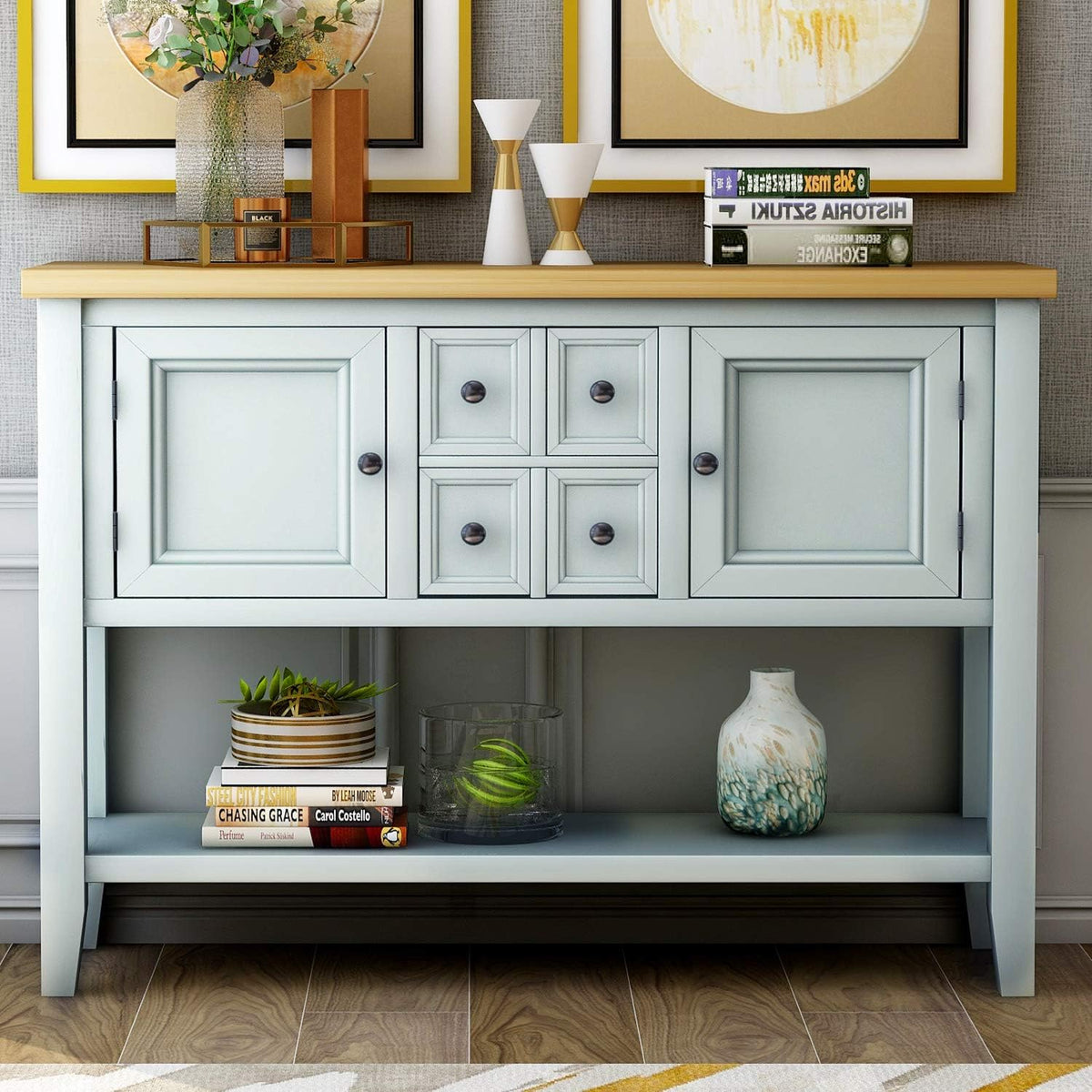 Solid Wood Console Table with 3 Drawers, 2 Cabinet and 1 Shelf J378