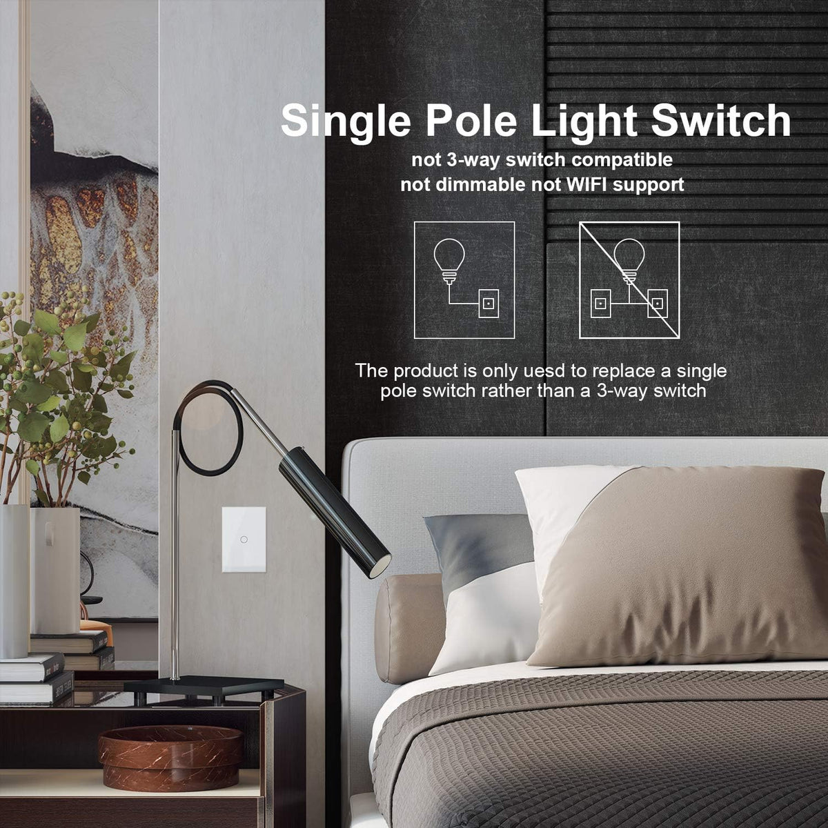 White 1 Gang 1 Way Tempered Glass Touch Light Switch, 2 Pack K773