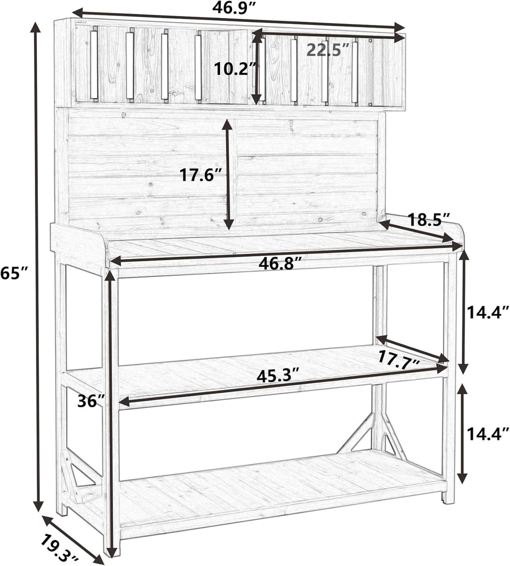 Green Wooden Potting Bench Table with 4 Storage Shelves and 3 Side Hook L48587