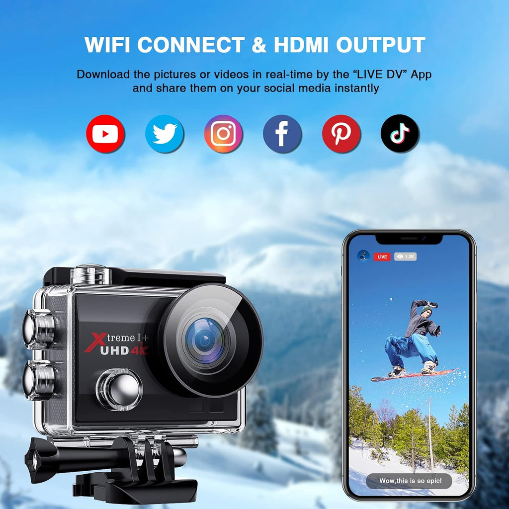 UHD 4K WiFi Action Camera 20MP Waterproof 131FT 2 Color Screen 170° Wide Angle EIS Sports Cam with External Mic Remote 2 Batteries and Helmet Accessories Kit Pack of 2 I212102