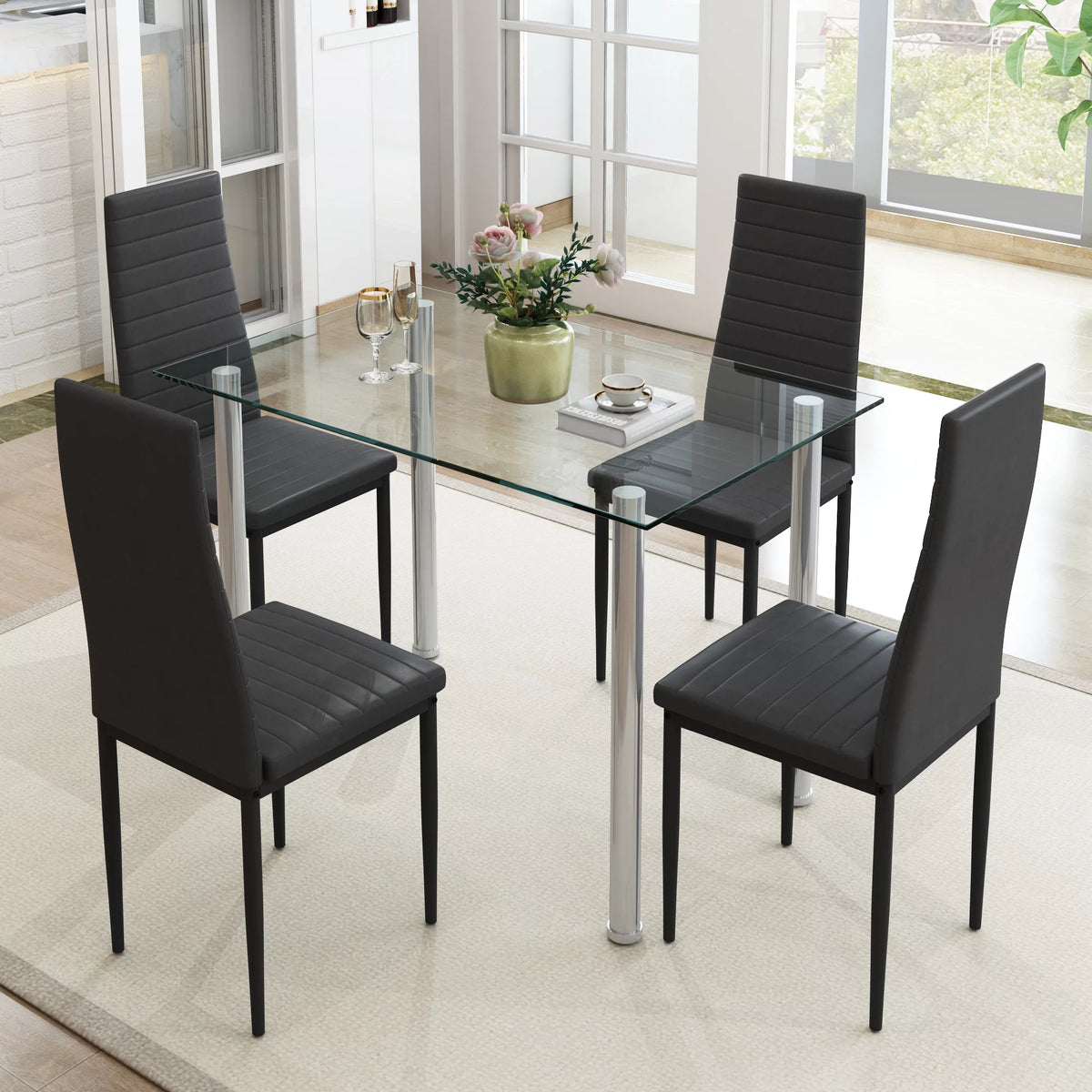 5-Piece Faux Marble Top Velvet Dining Table Set G48841
