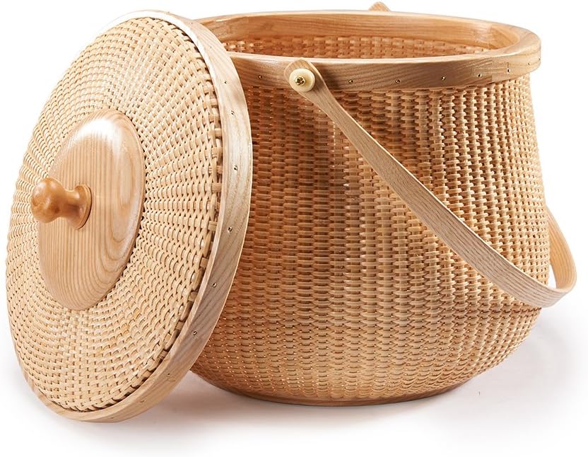 Natural ash wood and cane round baskets with swing handle removable lids F22868