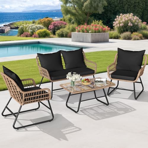 4 Piece Wicker Patio Conversation Set with Cushion & Coffee Table S9879