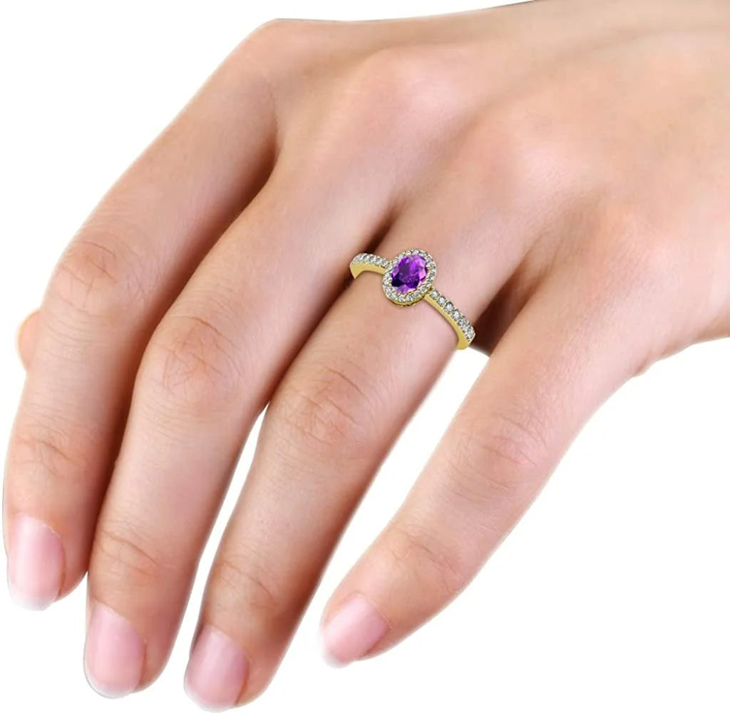 Oval Amethyst & Natural Diamond Halo Engagement Ring 14K Yellow Gold E86147