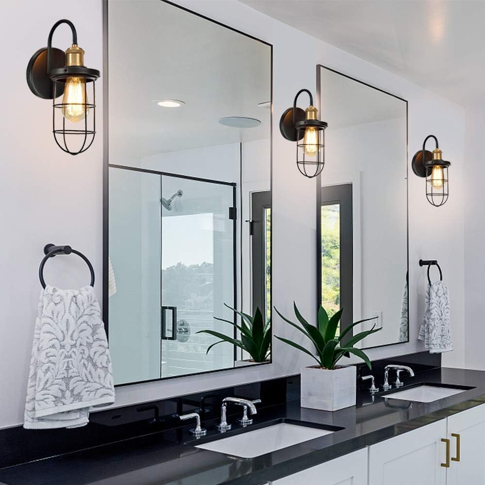 Farmhouse Wall Sconces with Cage Shade, Black and Gold, Set of Two R447