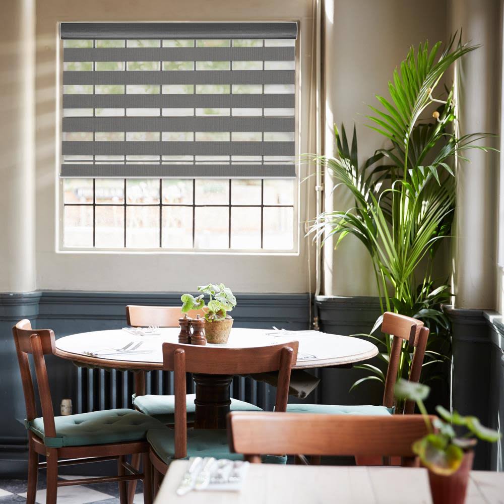Gray Cordless Light Filtering Polyester Zebra Roller Shade with Cassette Valance 31 in. W x 72 in Y85758