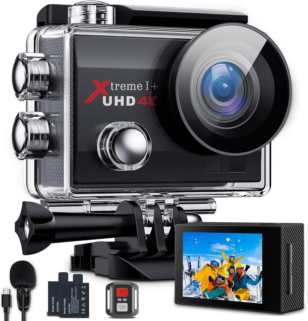 UHD 4K WiFi Action Camera 20MP Waterproof 131FT 2 Color Screen 170° Wide Angle EIS Sports Cam with External Mic Remote 2 Batteries and Helmet Accessories Kit Pack of 2 I212102