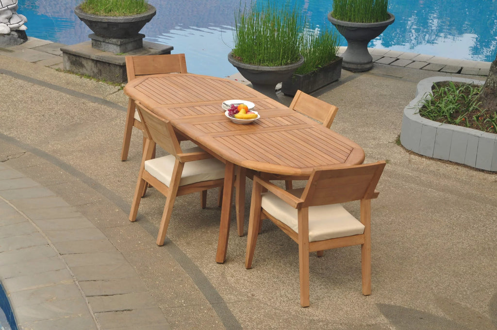 Grade-A Teak 5 Pc Dining Set with 94" Oval Table and 4 Stacking Arm Chairs F4023