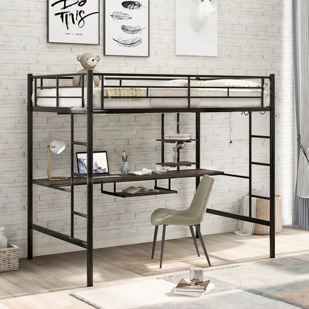 Full Black Loft Bed with Desk and Shelf A9540