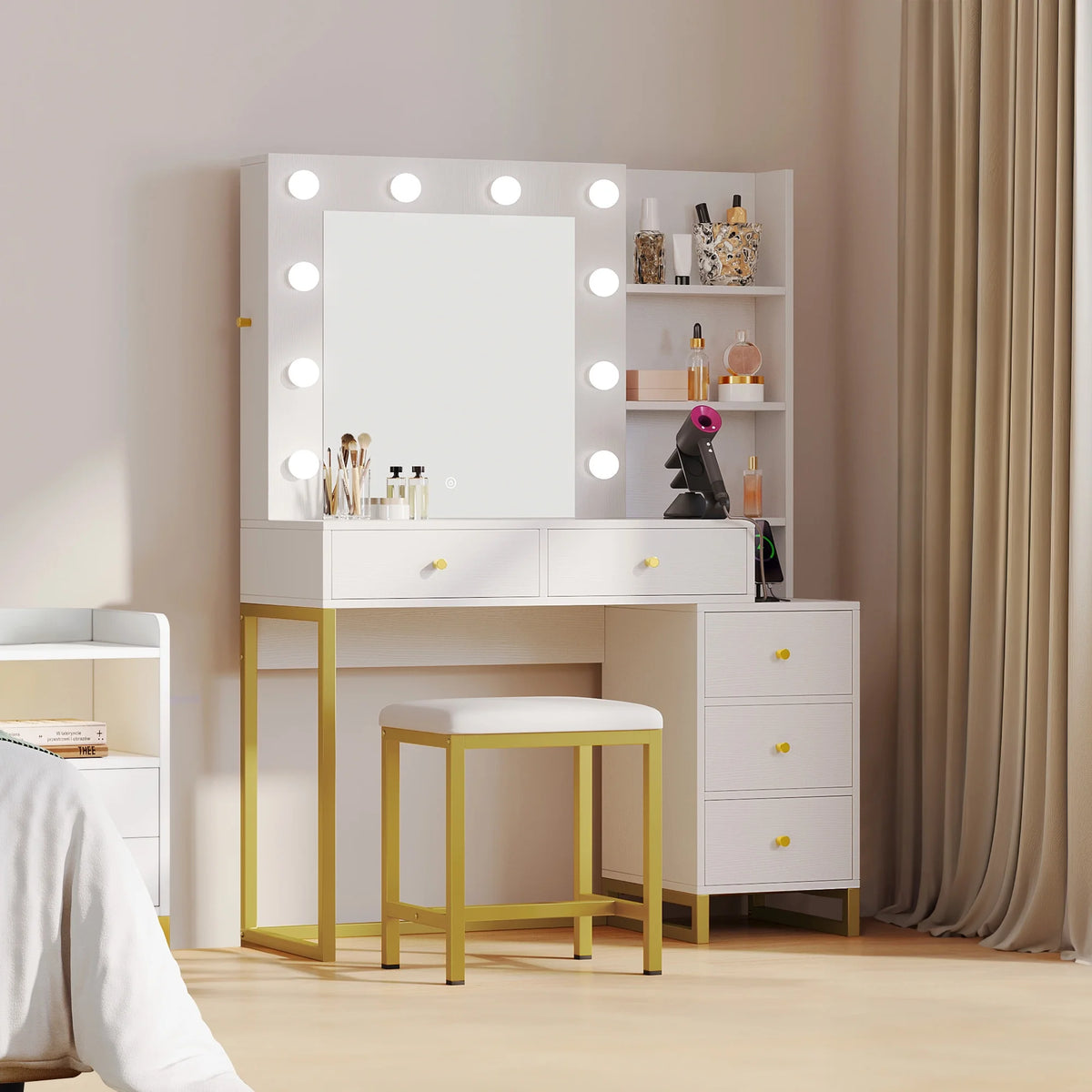 White Vanity Table Set with Lighted Mirror & Stool S683