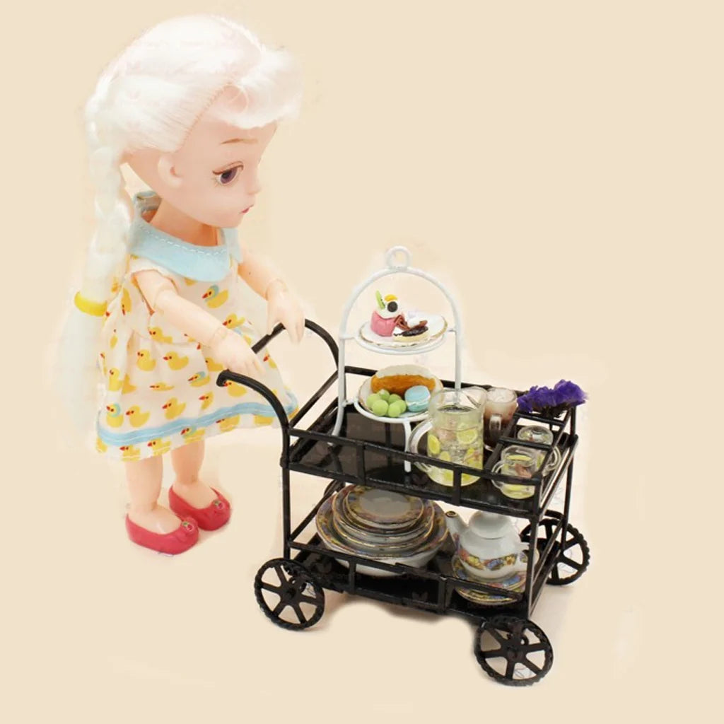 Black Metal 1/12 Dollhouse Miniature Food and Beverage Cart Accs U8869