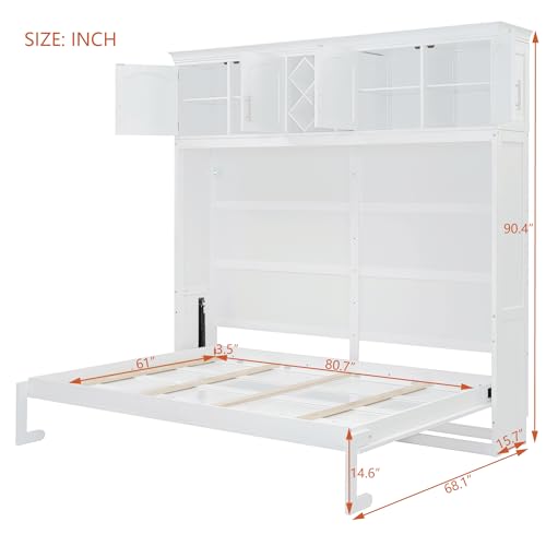 White Queen Size Murphy Wall Bed with Top Cabinets & Wine Rack Z52804