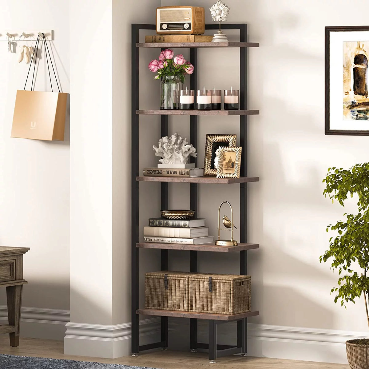 Rustic Brown 5 Tier Corner Bookshelf with Metal Frame X6496