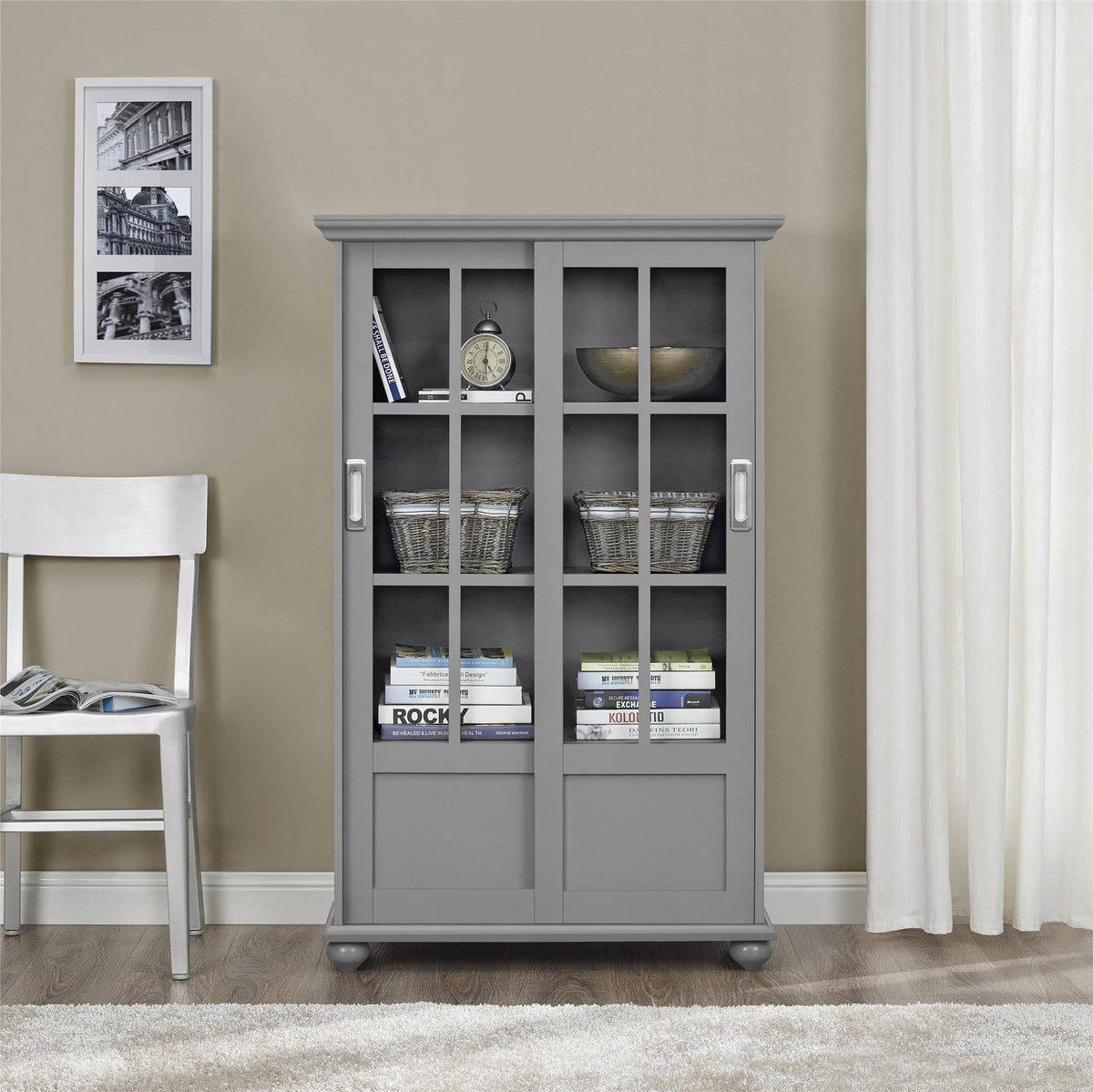 Soft Gray Bookcase with Sliding Glass Doors N86773