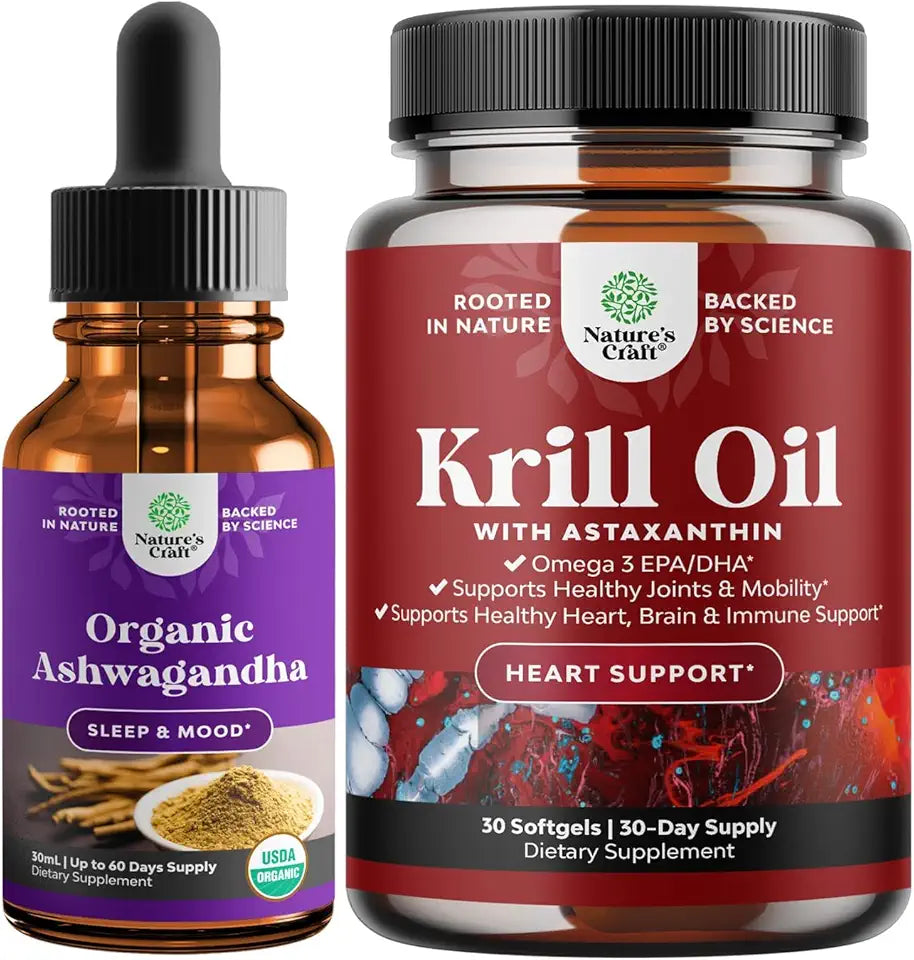 Organic Ashwagandha Liquid Drops and Antarctic Krill Oil 500mg Softgels P486