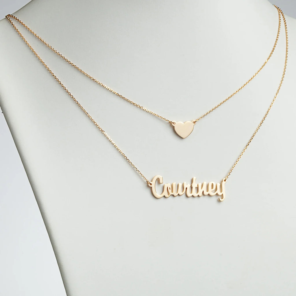 Sterling Silver Script Nameplate and Heart Layered Double Necklace R920349