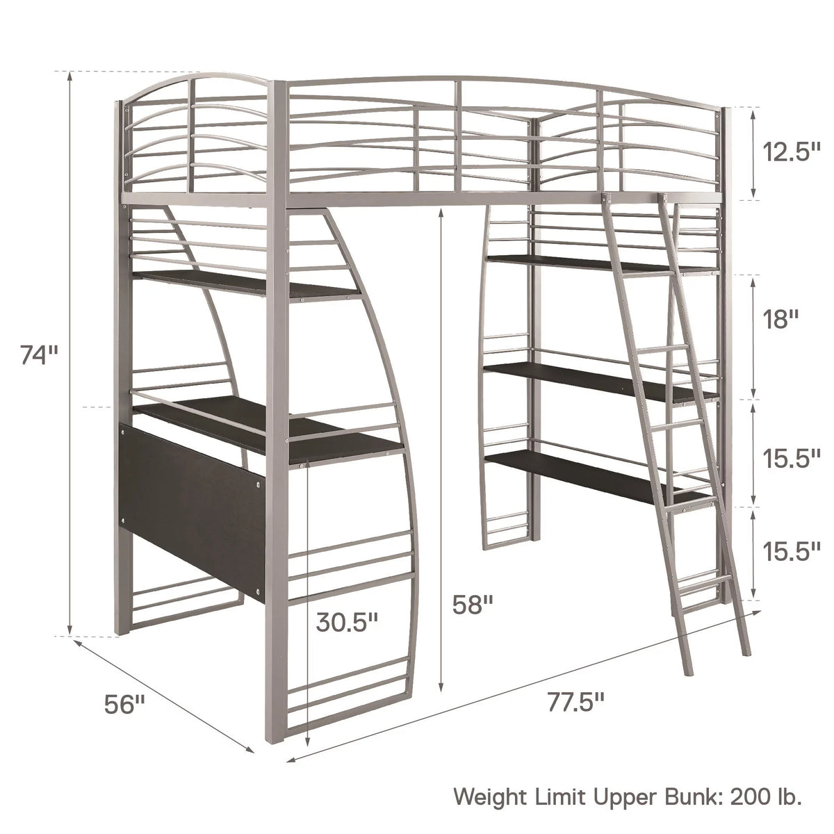 Twin Metal Loft Bed with Desk and Shelves L81322