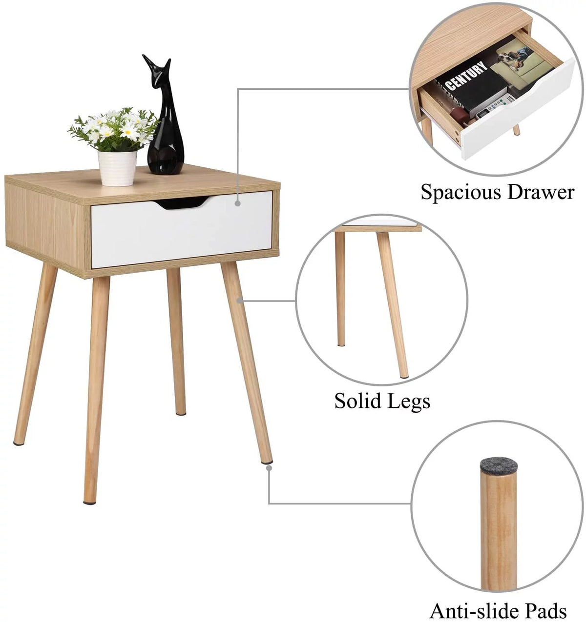 Wood & White Nightstands Set of 2 with Drawer & Solid Wood Legs M879