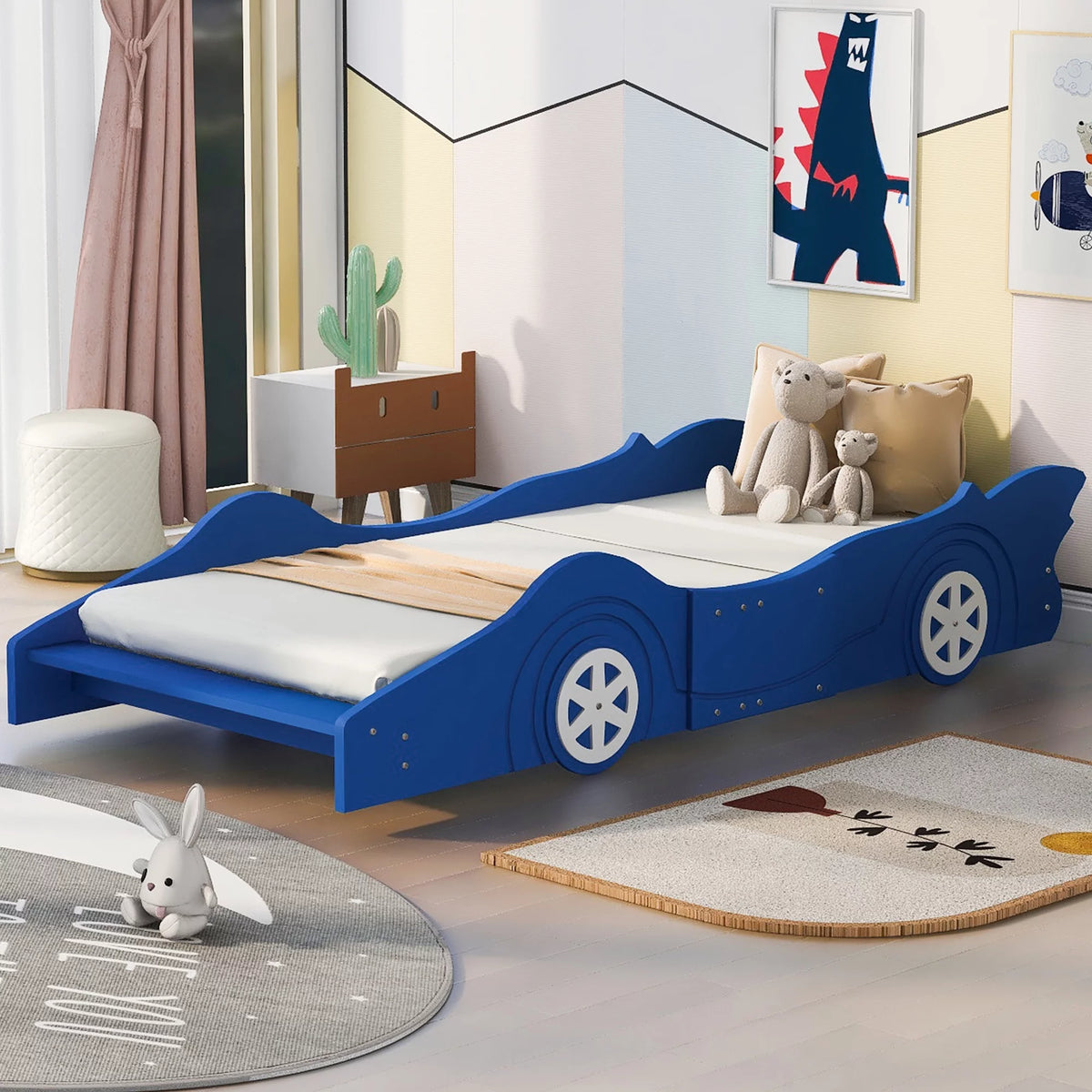 Twin Size Wood Race Car-Shaped Platform Bed with Safety Rails B99053