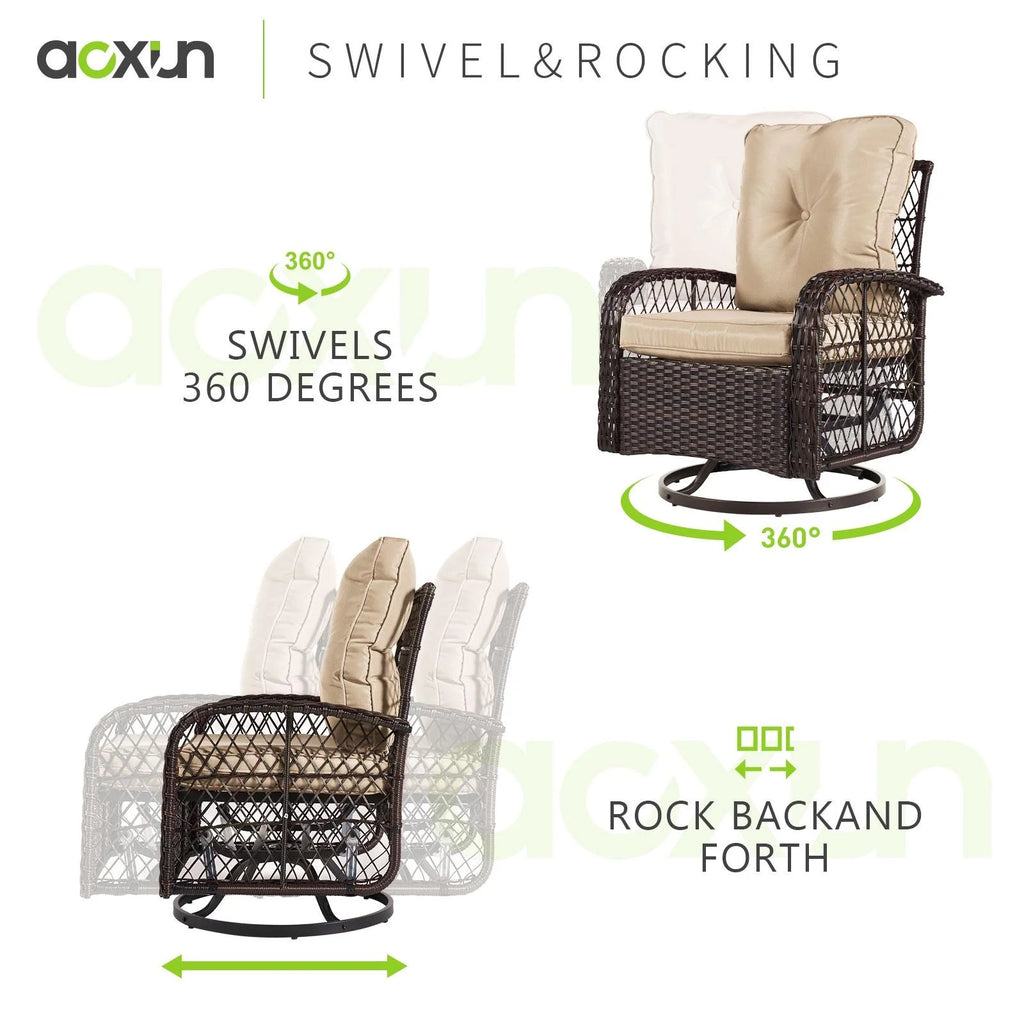 3 Piece Swivel Rocking Wicker Patio Chairs Set with Beige Cushions L26533