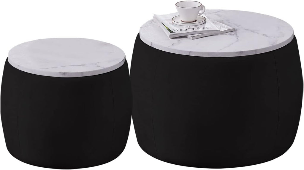 Black Round Coffee Table Set of 2 Nesting Storage Ottoman Velvet Fabric W473541