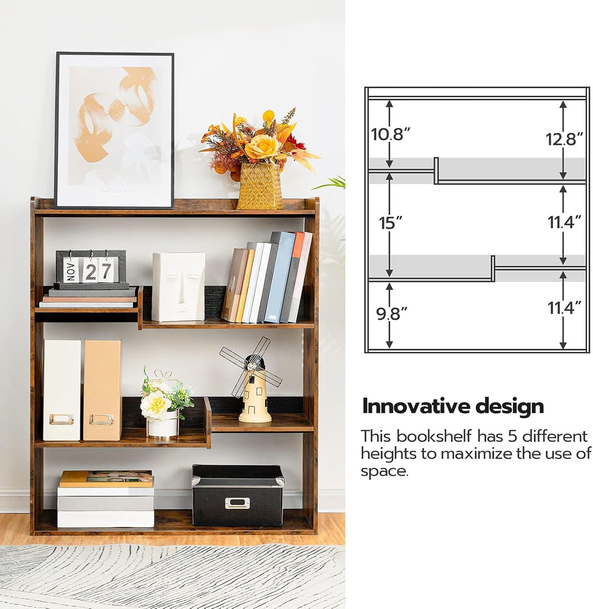 Rustic Brown Wooden Bookcase with Open Shelves K7459