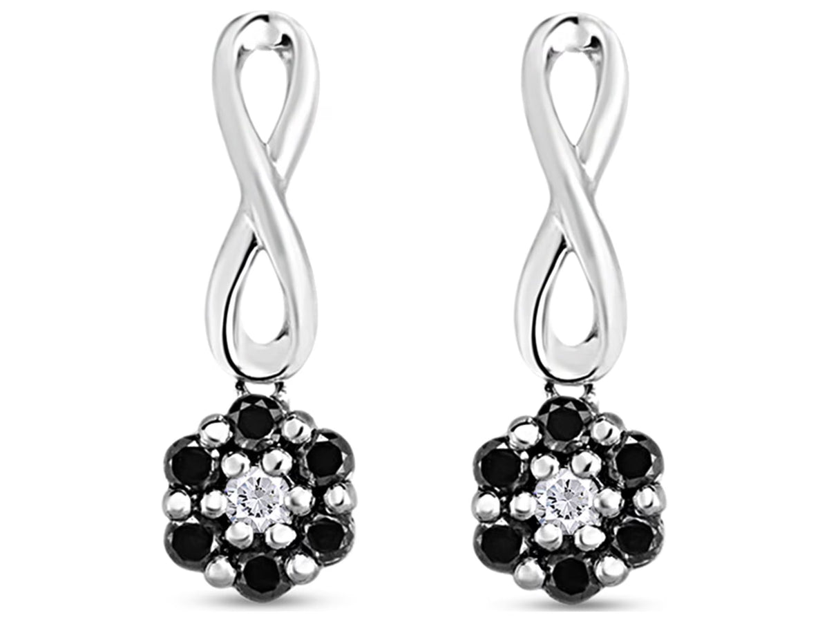 1/2 Carat Round Black & White Diamond Flower Cluster Drop Earrings in 14K White Gold Over Sterling Silver V321579