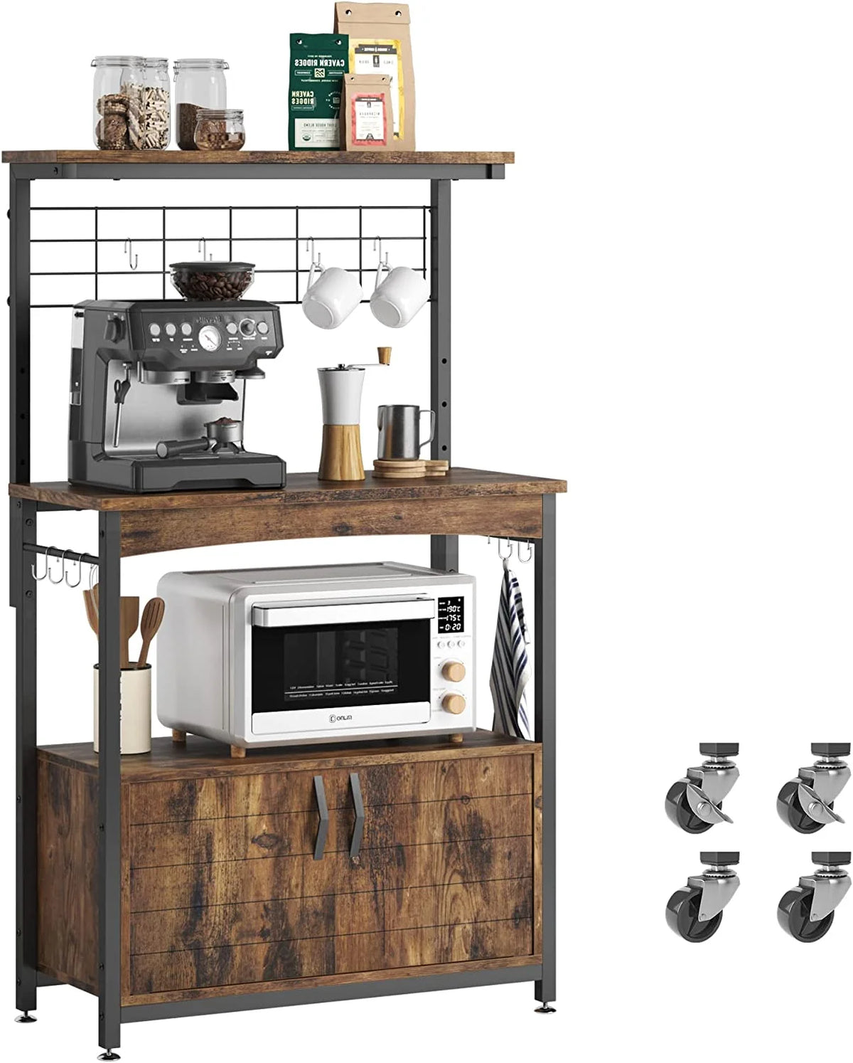 Rustic Brown Bakers Racks with Storage Cabinet, Height-Adjustable 45" to 55" Microwave Stand with Wheels & Feet S37942