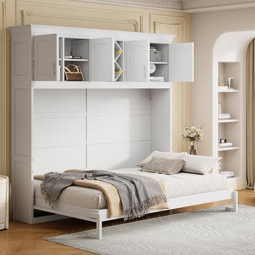 White Queen Size Murphy Wall Bed with Top Cabinets & Wine Rack Z52804