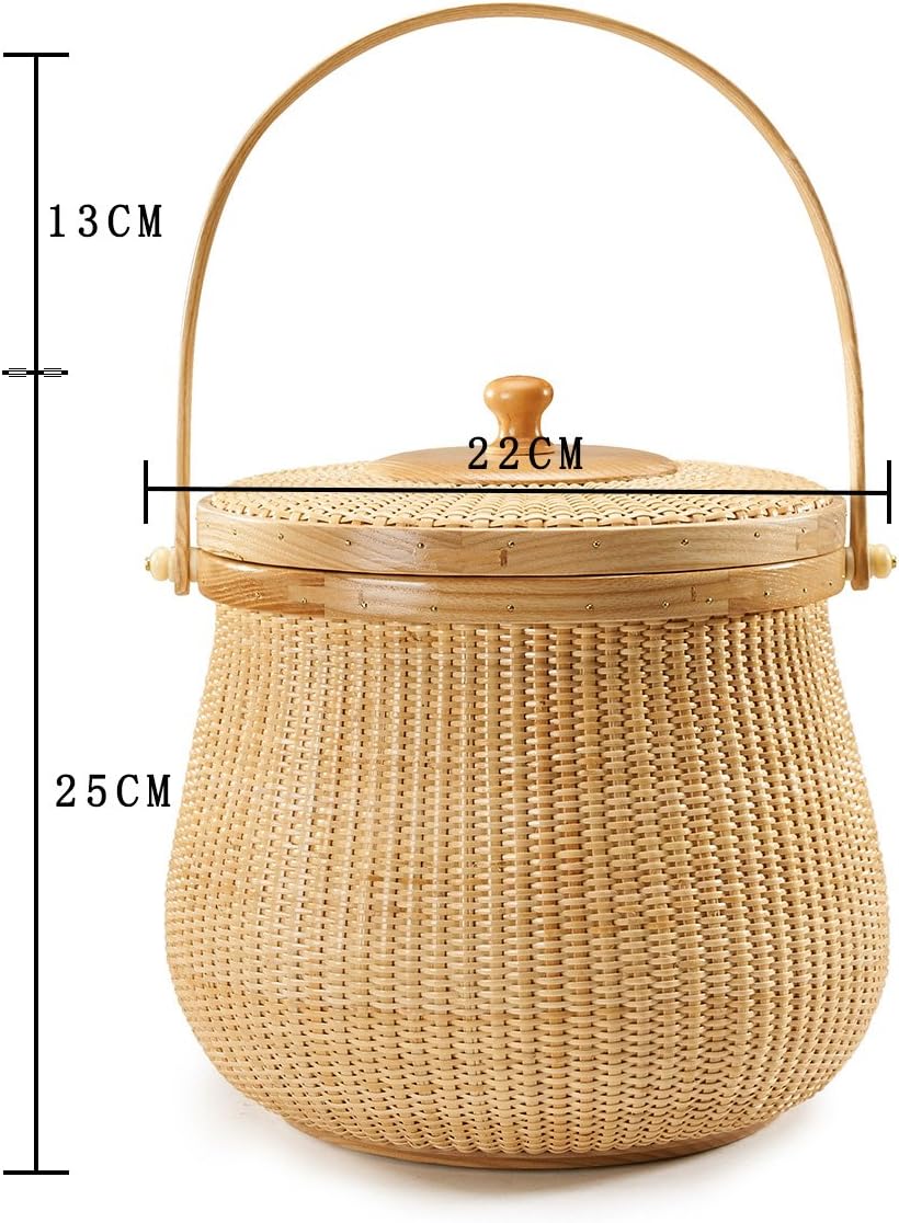 Natural ash wood and cane round baskets with swing handle removable lids F22868