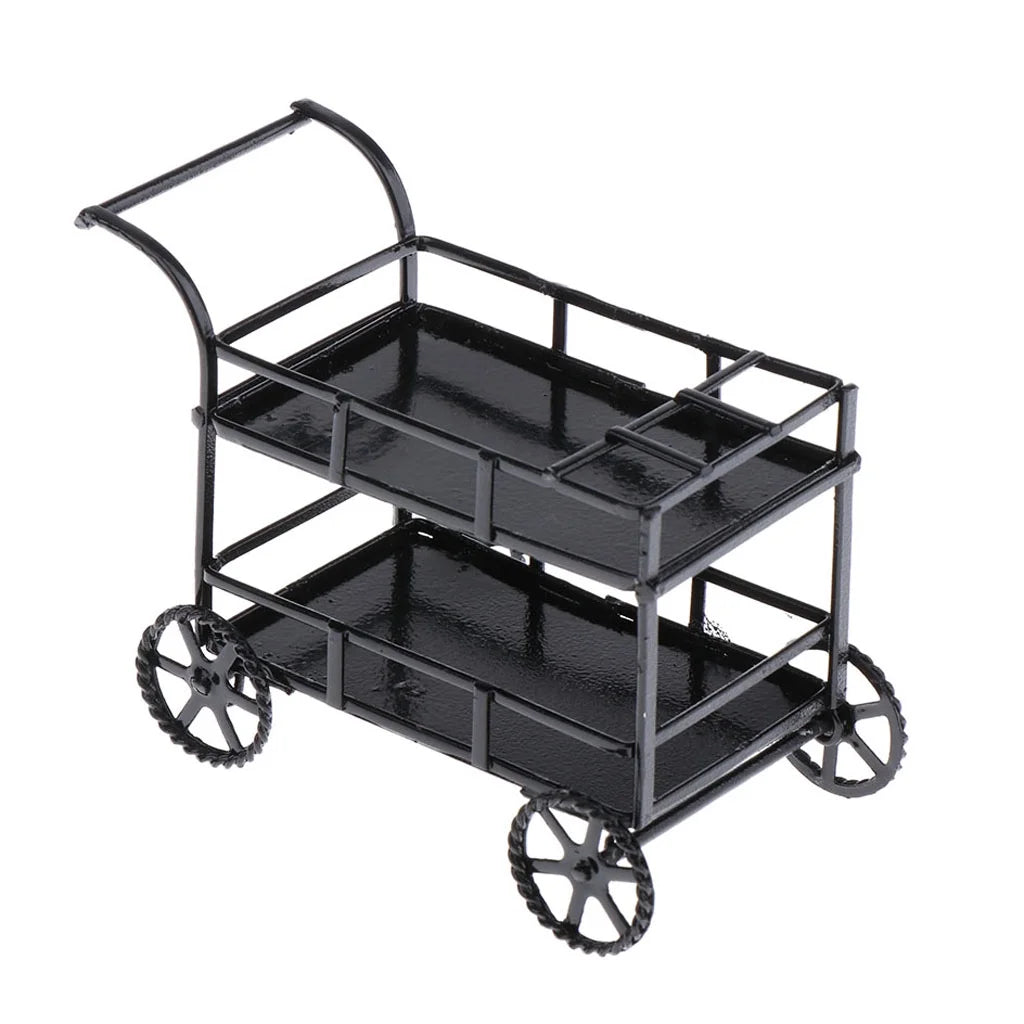 Black Metal 1/12 Dollhouse Miniature Food and Beverage Cart Accs U8869