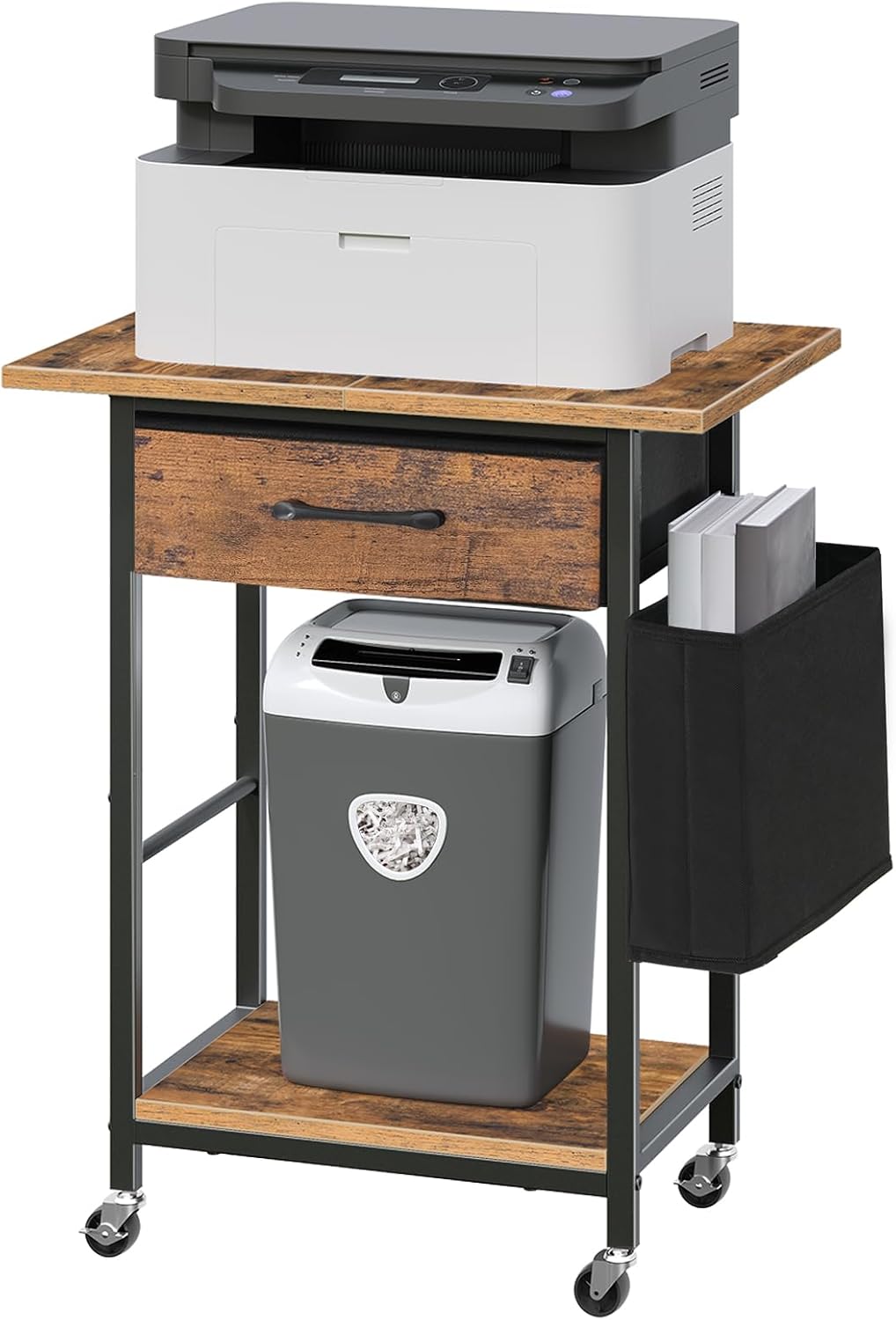 Rustic Brown Rolling Printer Cart with Storage Drawer N856