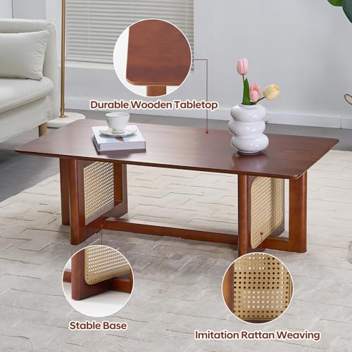Rattan Coffee Table, 42.5 Inch Rectangular Solid Wood Table V43922