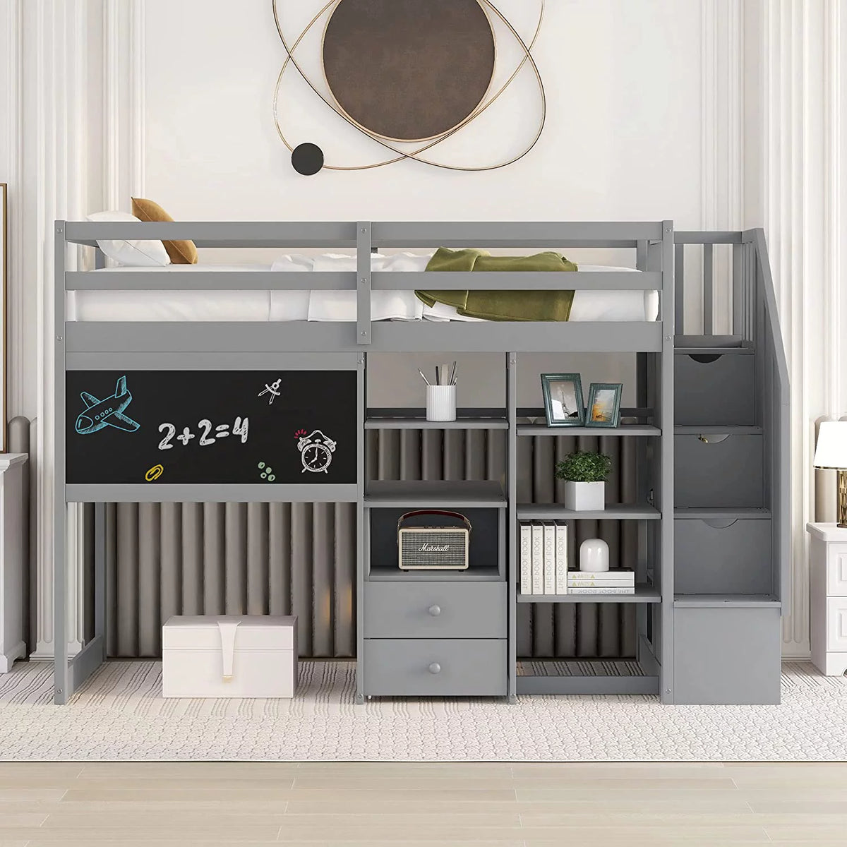 Twin Size Wood Loft Bed with Desk and Storage N88001