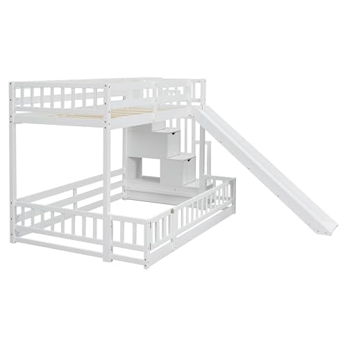 White Twin Over Full Bunk Bed with Slide and Storage Staircase R447265
