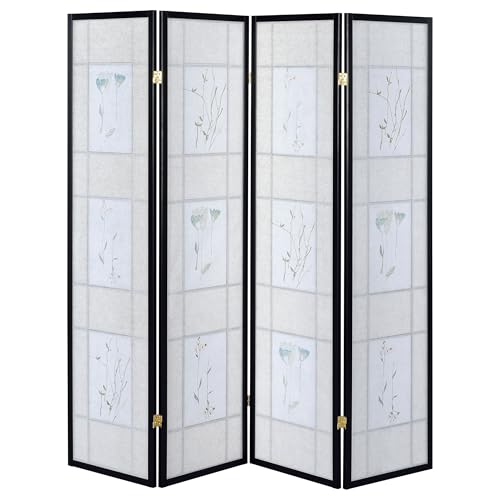 Solid Wood 4-Panel Folding Shoji Screen Room Divider with Beige Fabric Panels D9467