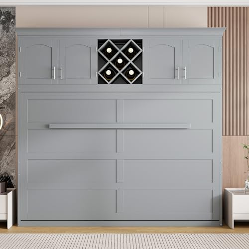 White Queen Size Murphy Wall Bed with Top Cabinets & Wine Rack Z52804