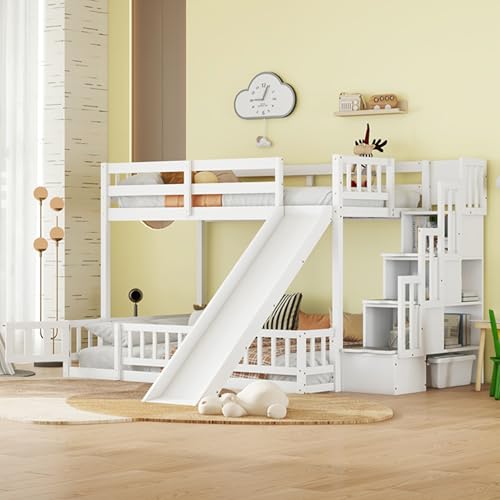 White Twin Over Full Bunk Bed with Slide and Storage Staircase R447265