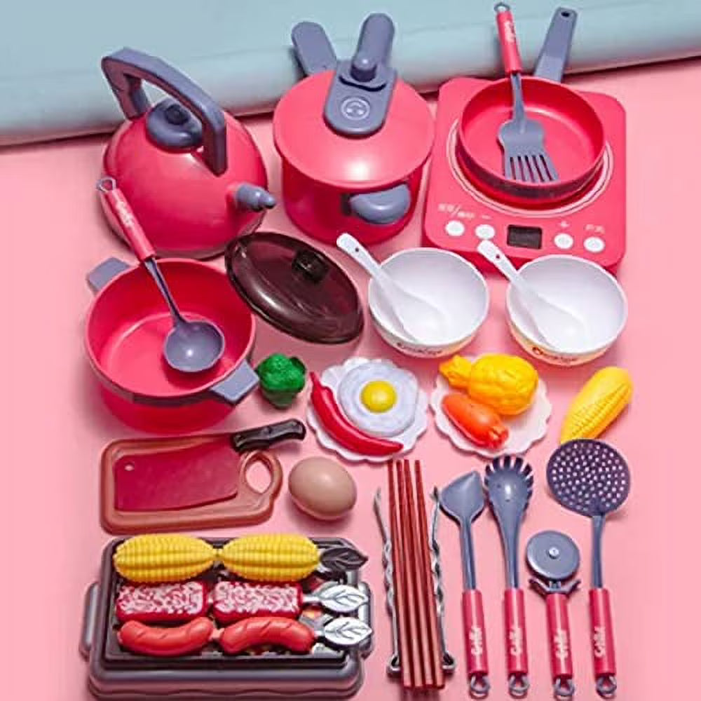Pretend Play Kitchen Toy with Cookware, Steam Pressure Pot, Electronic Induction Cooktop, Cooking Utensils, Toy Cutlery, Play Food, Shopping Basket V830128