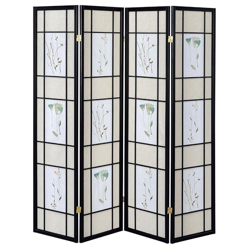 Solid Wood 4-Panel Folding Shoji Screen Room Divider with Beige Fabric Panels D9467