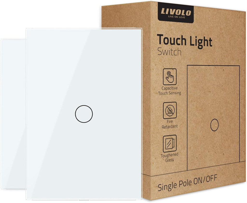 White 1 Gang 1 Way Tempered Glass Touch Light Switch, 2 Pack K773