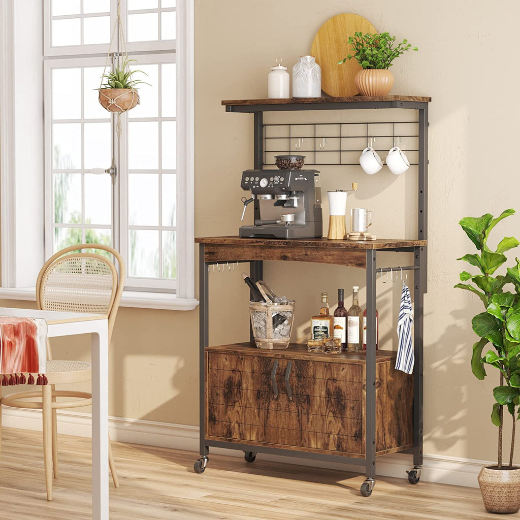 Rustic Brown Bakers Racks with Storage Cabinet, Height-Adjustable 45" to 55" Microwave Stand with Wheels & Feet S37942