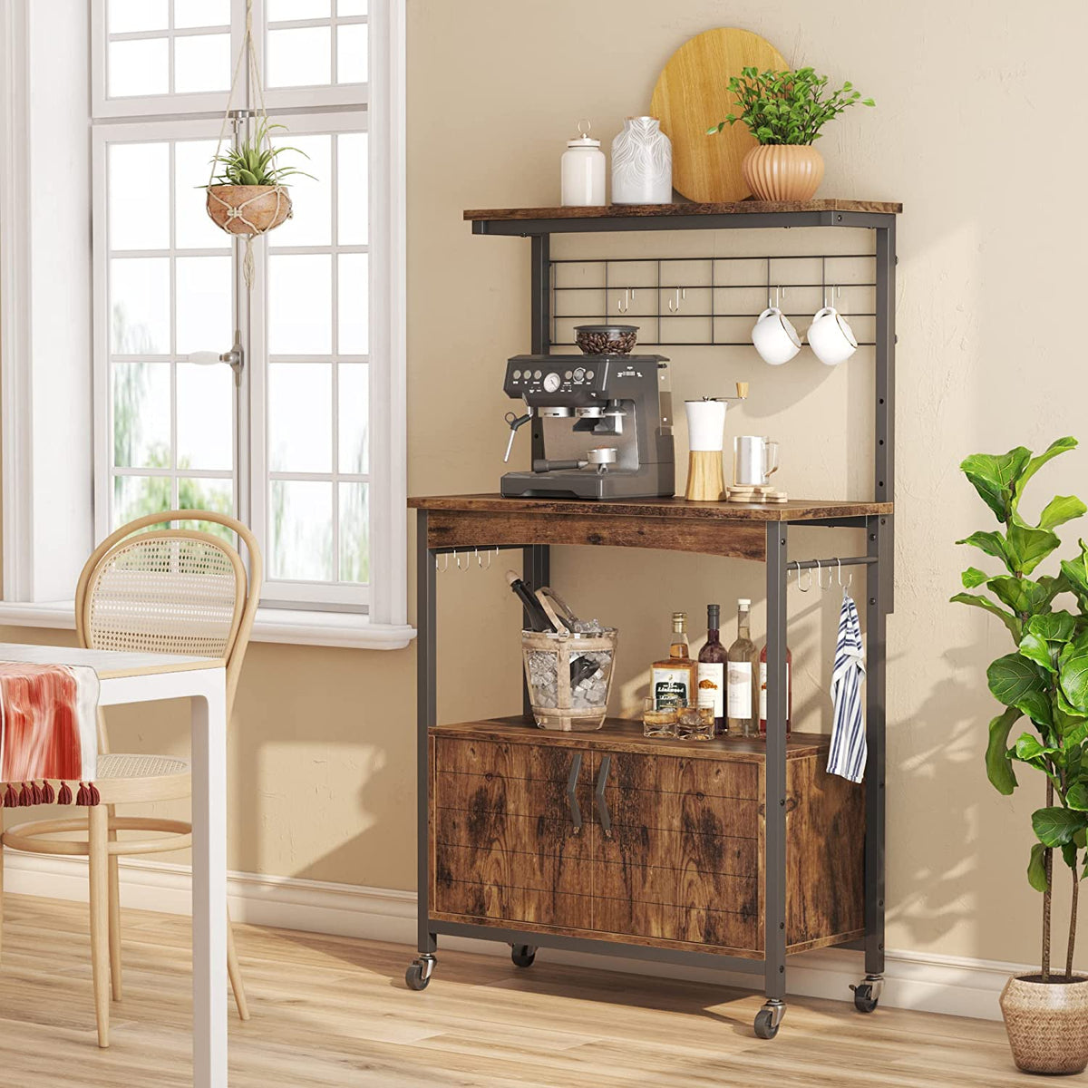 Rustic Brown Bakers Racks with Storage Cabinet, Height-Adjustable 45" to 55" Microwave Stand with Wheels & Feet S37942