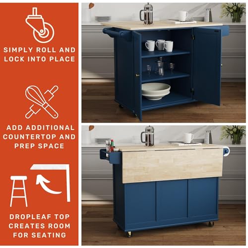 Off-White Mobile Kitchen Island Cart with Drop Leaf Breakfast Bar K90774