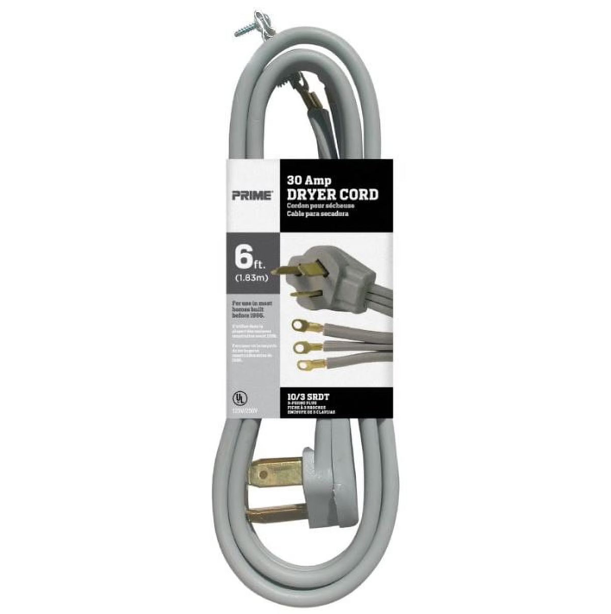 6 Feet 10/3 30 Amp Gray 3-Wire Dryer Cord (2 Pack) N937372