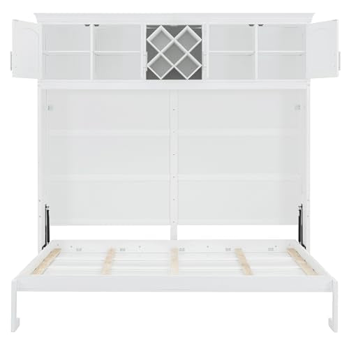 White Queen Size Murphy Wall Bed with Top Cabinets & Wine Rack Z52804